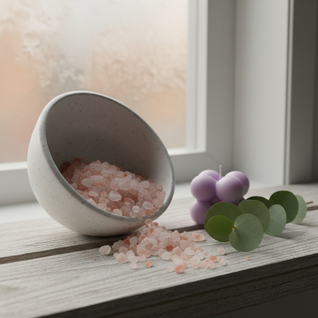 A white bowl full of pink salt stands on a gray table, accompanied by a purple candle and green leaves in the background.