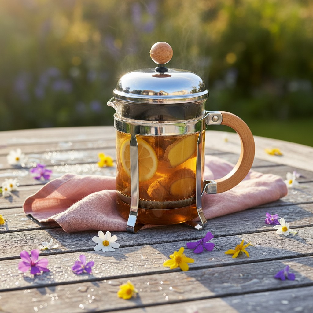 The image depicts a French press pot full of tea, featuring an amber-colored liquid holding chunks of ginger and sliced le...