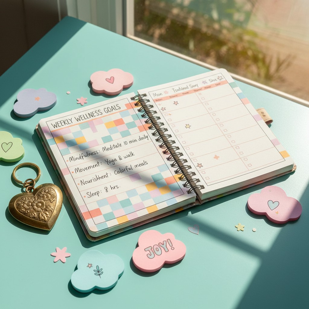 A close-up photograph of a pastel-colored planner featuring a weekly template for writing in goals, surrounded by decorati...