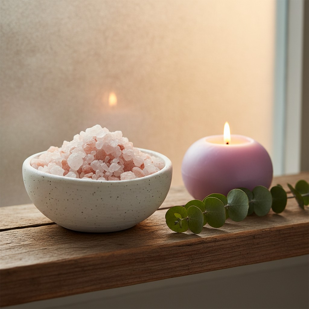 The text alternative of the image is: "A pink candle, a white ceramic bowl filled with light-colored bath salts, and sever...