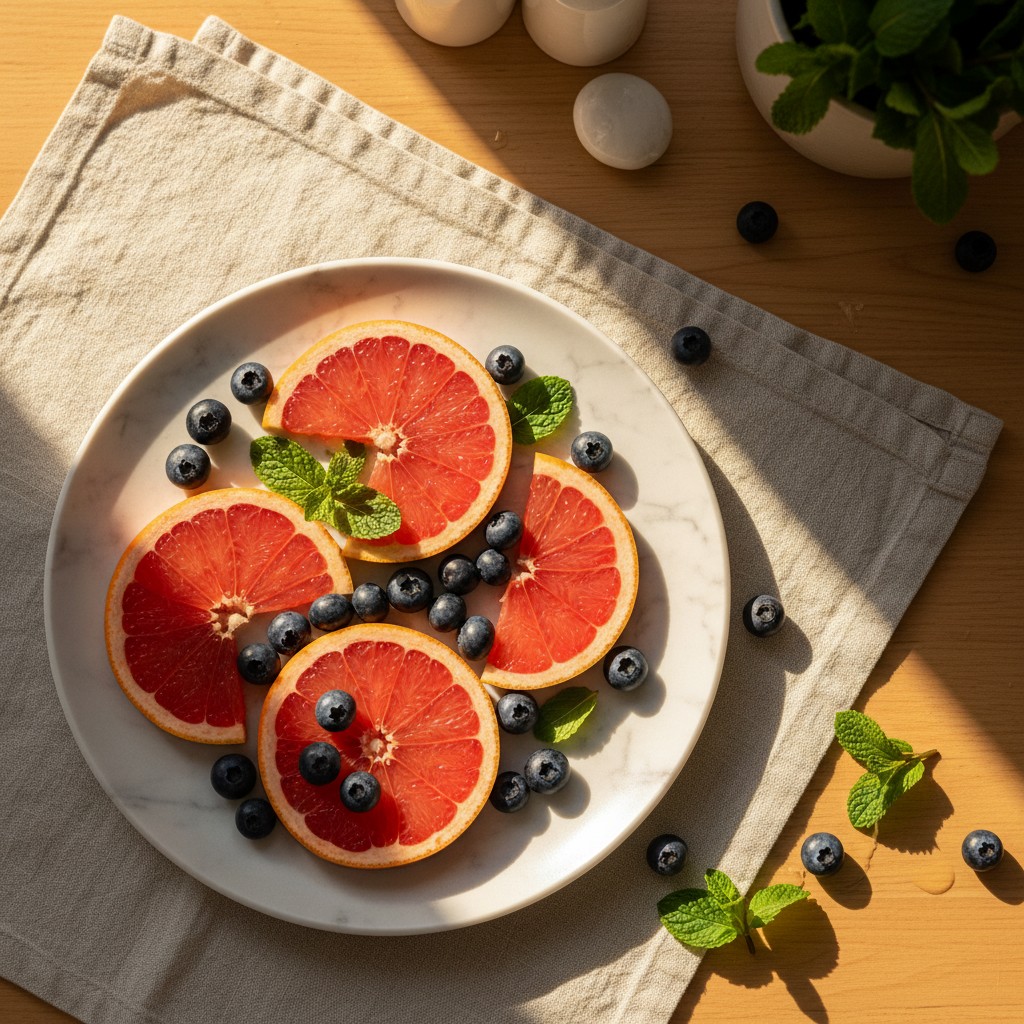 A plate of sliced grapefruit, blueberries, and mint leaves arranged on a beige napkin. The plate is decorated with a white...