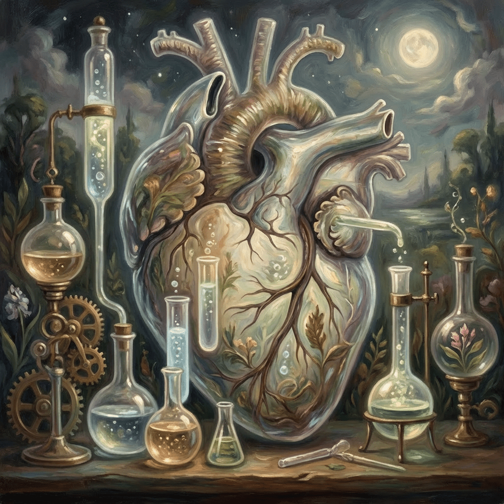 Translucent anatomical heart filled with plants and surrounded by glowing laboratory glassware under moonlight.