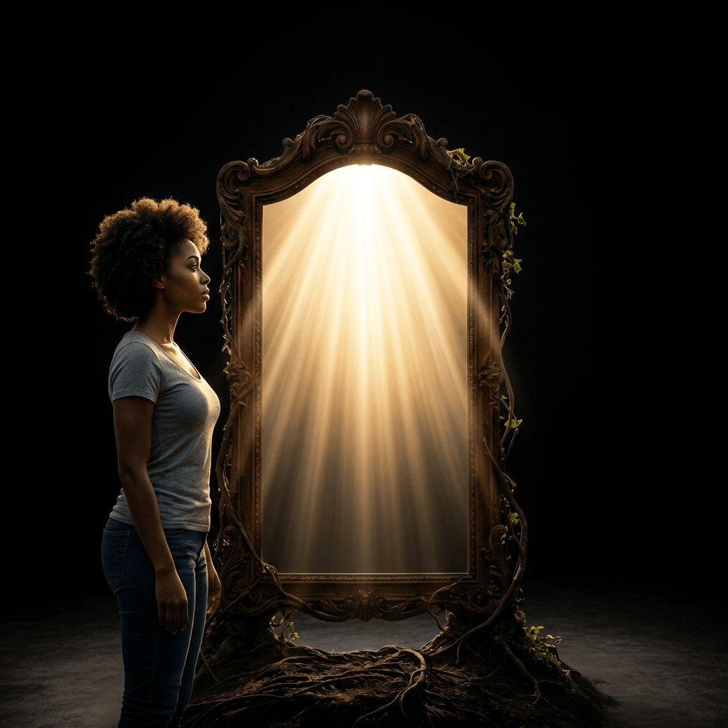 Silhouette of a person with seven glowing chakras aligned along the body