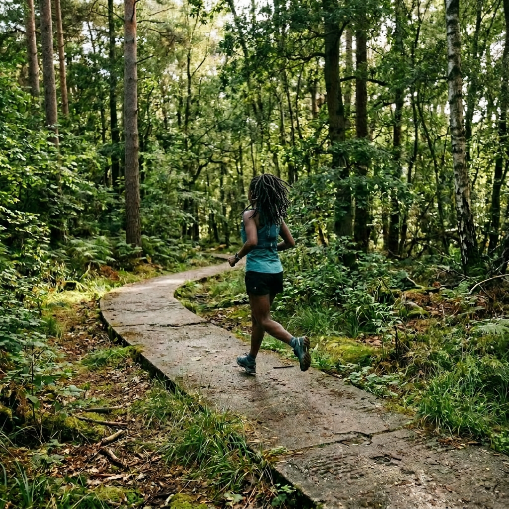 Woman running on a paved trail in a dense green forest